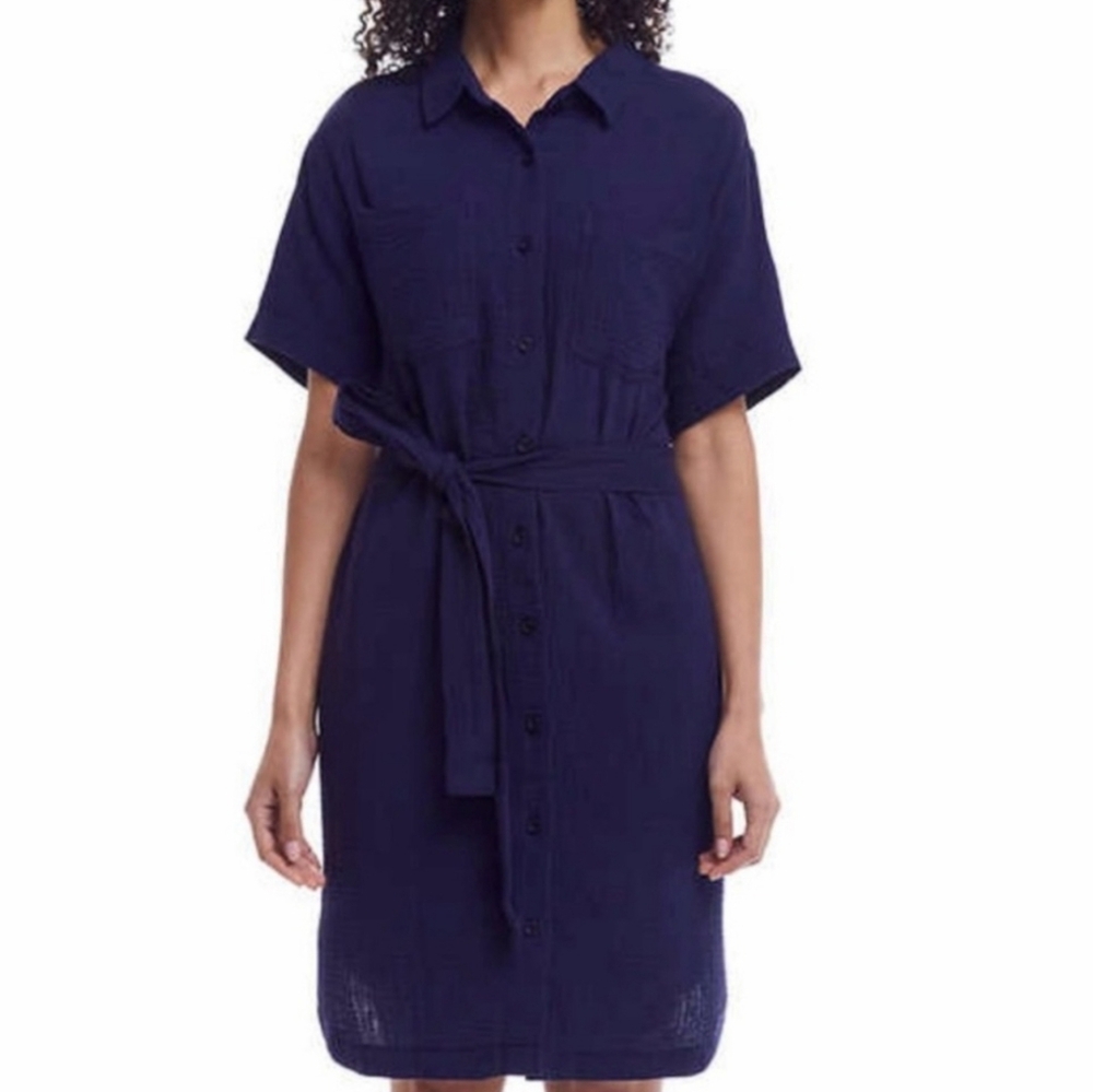 NWT Weatherproof Vintage Gauze Shirt Dress M Navy Belted Button Front Pockets